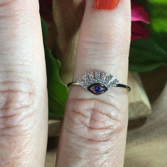 Evil Eye Sterling Silver Cz Blue Sapphire Ring - Picture 3 of 5